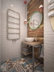 łazienka, styl industrialny, płytki cegiełki, patchwork, drewno, deski